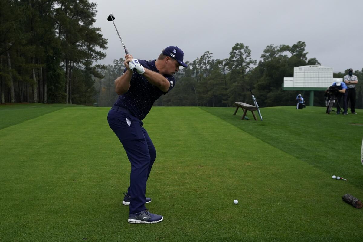 Bryson DeChambeau hits his tee shot on the 10th hole during a practice round at Augusta National on Nov. 1.