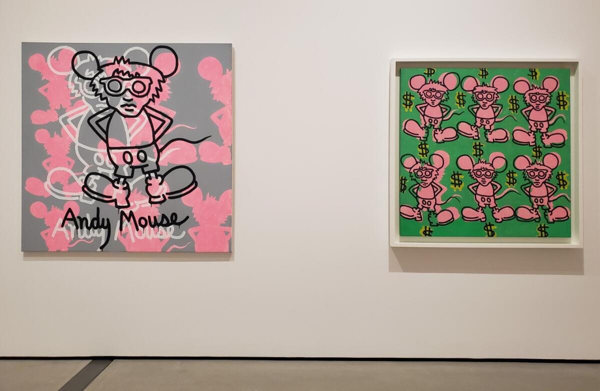 In "Andy Mouse," Keith Haring represented himself with Andy Warhol's wig and Mickey Mouse's ears