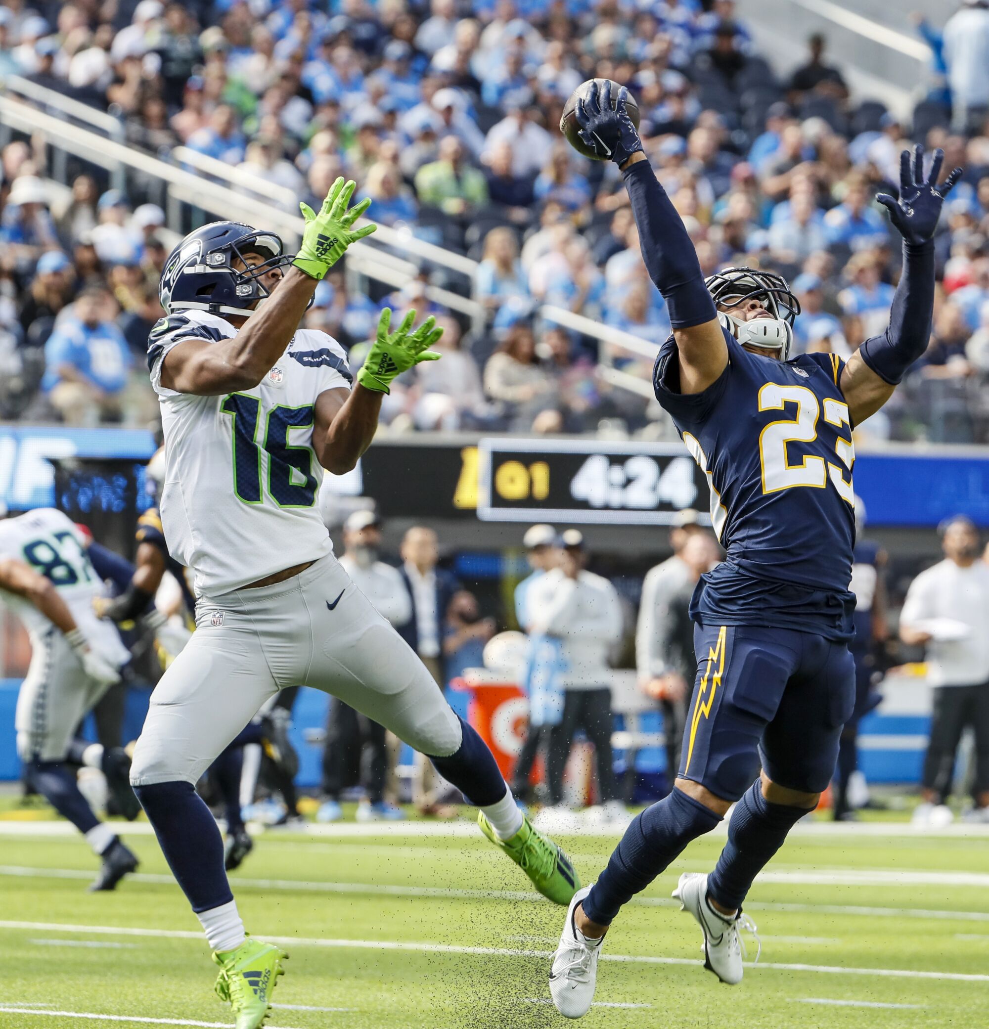 Chargers cornerback Bryce Callahan knocks away a pass intended for Seahawks wide receiver Tyler Lockett.