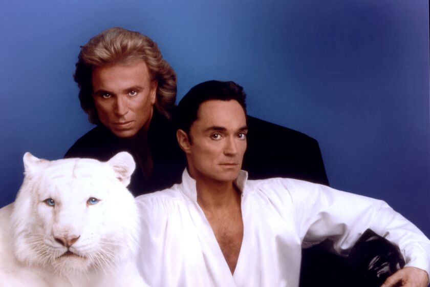 LAS VEGAS - UNDATED: In this handout image provided by the Mirage Resort, Siegfried (L) & Roy pose with a white tiger in this undated photo. Horn, 59-years-old, was mauled and critically injured by a white tiger while performing onstage at the Mirage Resort October 3, 2003 in Las Vegas, Nevada. Horn was taken to University Medical Center in Las Vegas for surgery. The attack occurred on his birthday. (Photo courtesy of Siegfried & Roy/The Mirage Resort via Getty Images)