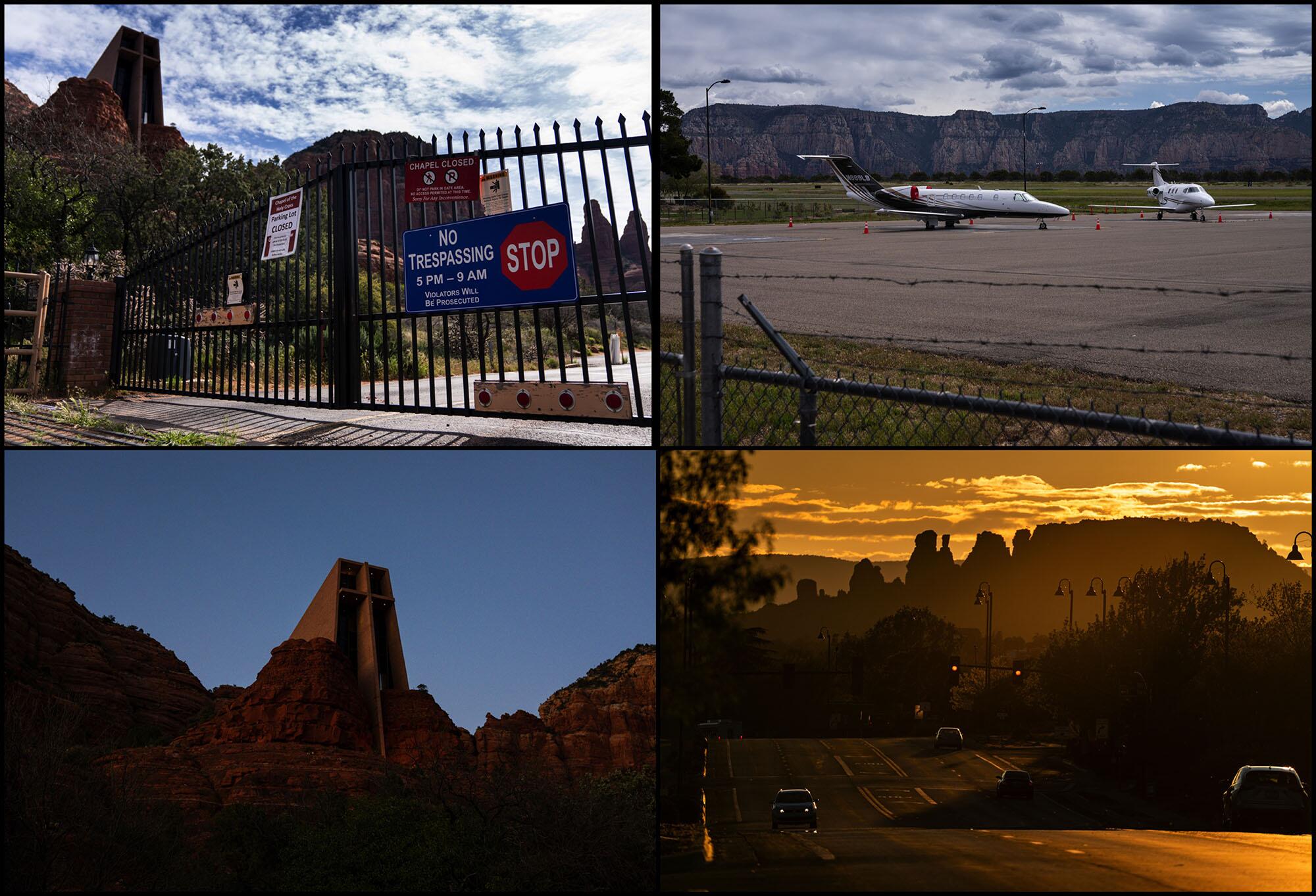 Clockwise from upper right: Two private jets are parked at the Sedona Airport, which is atop a mesa overlooking the city; the sun sets over Arizona State Route 89A cutting through Sedona; Chapel of the Holy Cross; a gate in front of Chapel of the Holy Cross.