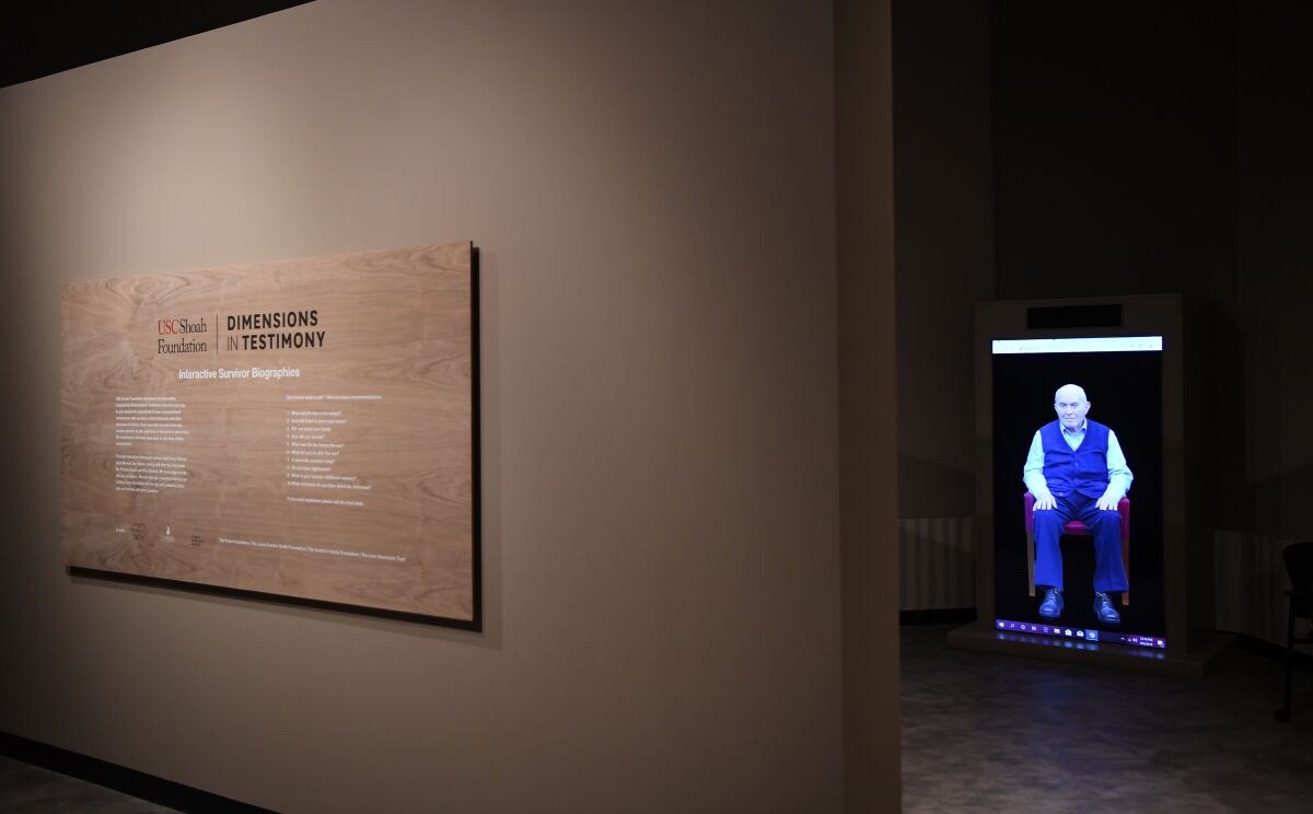 The interactive video installation "Dimensions in Testimony" at the exhibition "Facing Survival" at the USC Fisher Museum of Art.