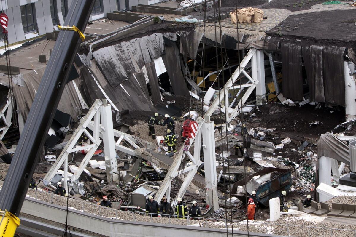 An aerial view of the collapsed Maxima XX supermarket in Riga, Latvia.