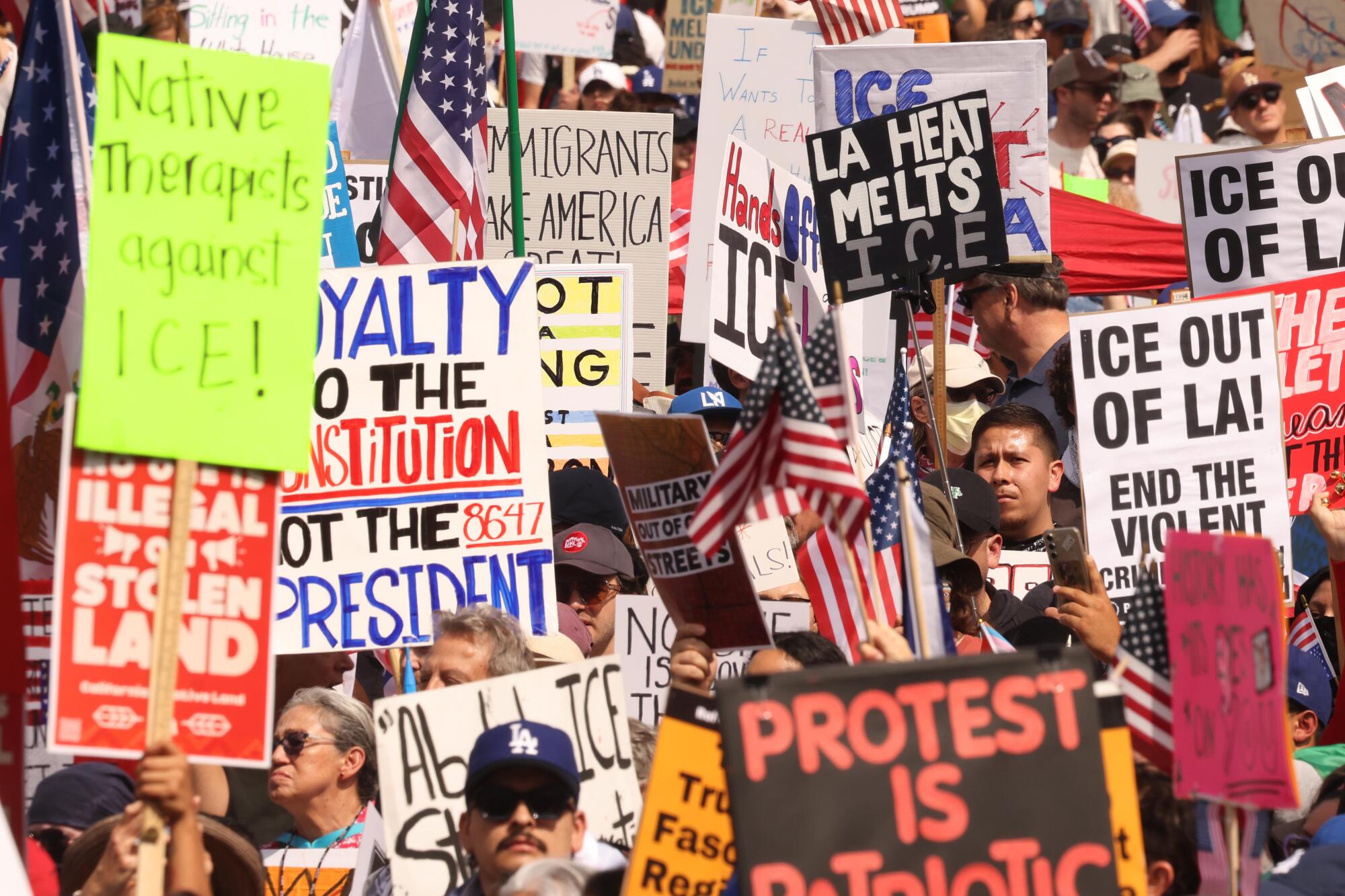 People in a crowd hold numerous signs including "Protest is patriotic" and "ICE out of LA."