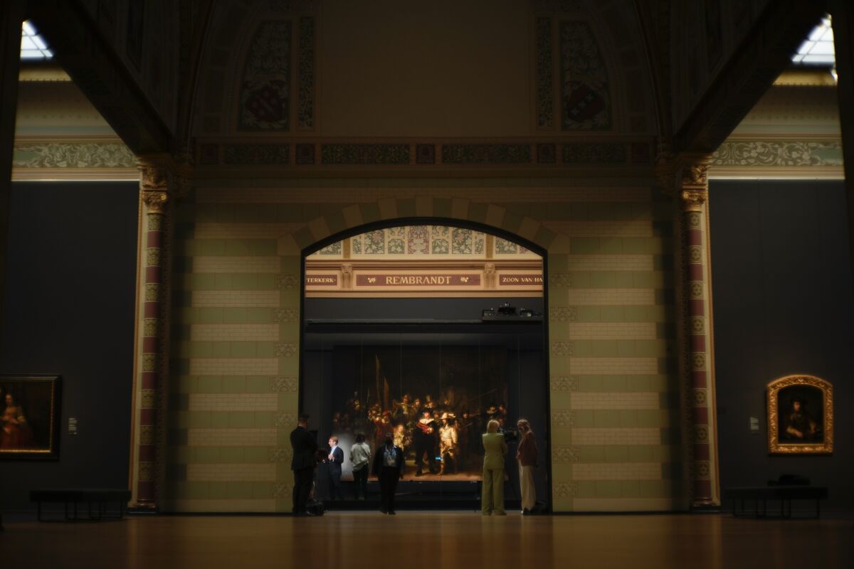 Rembrandt's biggest painting, "The Night Watch," seen inside a gallery of the Rijksmuseum Amsterdam in the Netherlands.