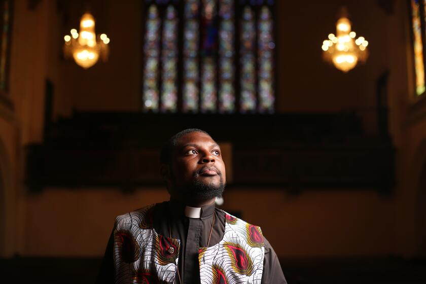 LOS ANGELES, CA - JUNE 8: Pastor Eddie Anderson, whose church often hosts Black Lives Matter meetings and who has been actively protesting this last week, poses for a portrait in McCarty Memorial Christian Church on Monday, June 8, 2020 in Los Angeles, CA. Anderson believes it is important for clergy to march alongside other activists in a non-violent but forceful manner. (Dania Maxwell / Los Angeles Times)