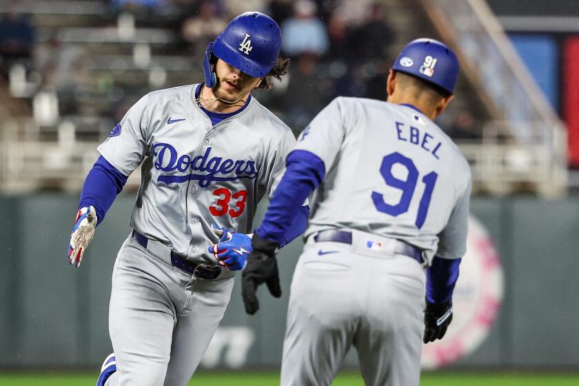 MINNEAPOLIS, MINNESOTA - APRIL 8: James Outman #33 of the Los Angeles Dodgers celebrates.