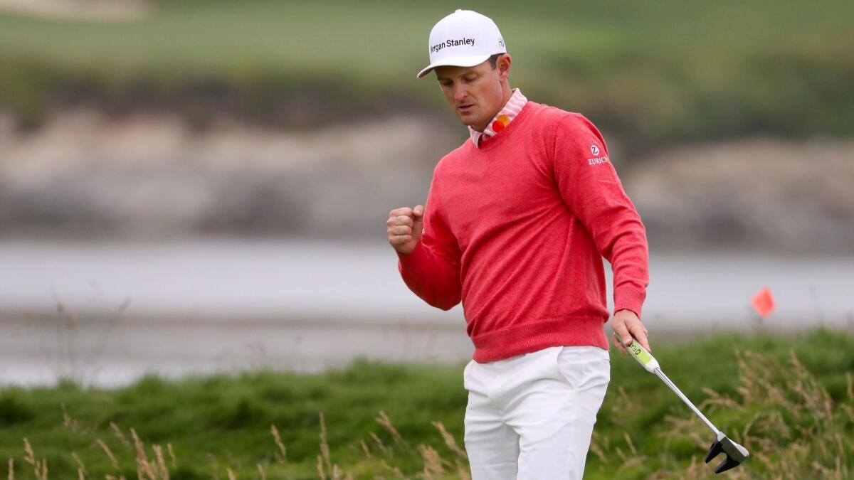 Justin Rose reacts to a shot on the 17th green during the first round of the 2019 U.S. Open at Pebble Beach Golf Links on Thursday.