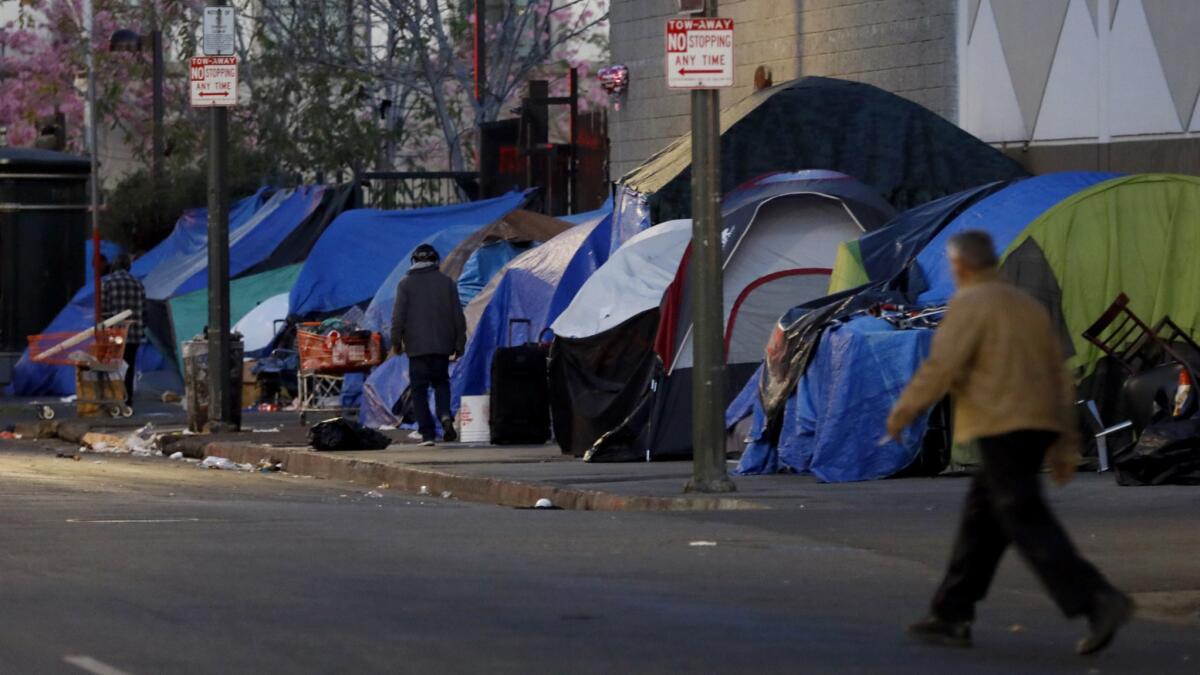 Tents line the sidewalks near East 5th and San Pedro streets in Los Angeles' skid row on Feb. 15.