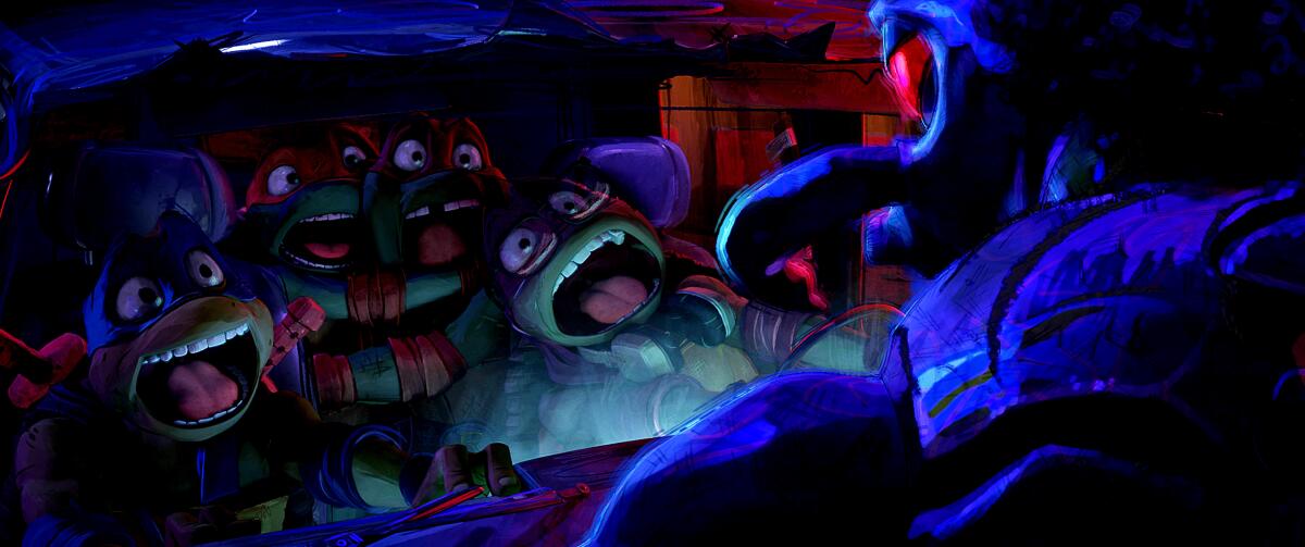 The animated Teenage Mutant Ninja Turtles are freaked out by coming face-to-face with the big bad, Superfly.