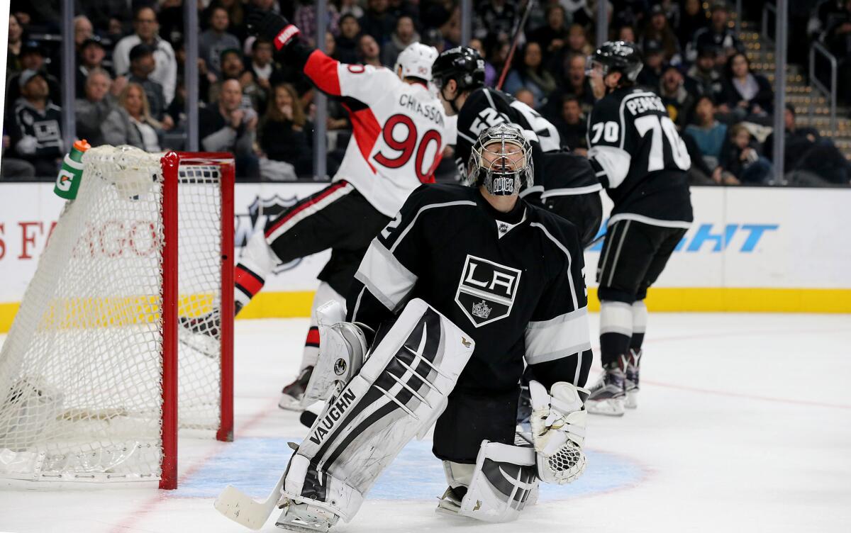 Kings goalie Jonathan Quick reacts after giving up a goal to Ottowa forward Alex Chiasson during the second period of a game at Staples Center on Jan. 16.