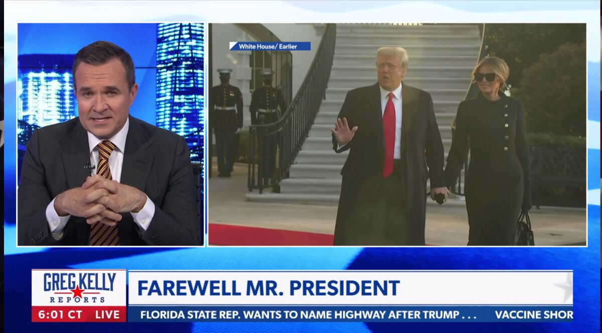 An anchorman on Newsmax next to a shot of President and Mrs. Trump holding hands with a staircase behind them
