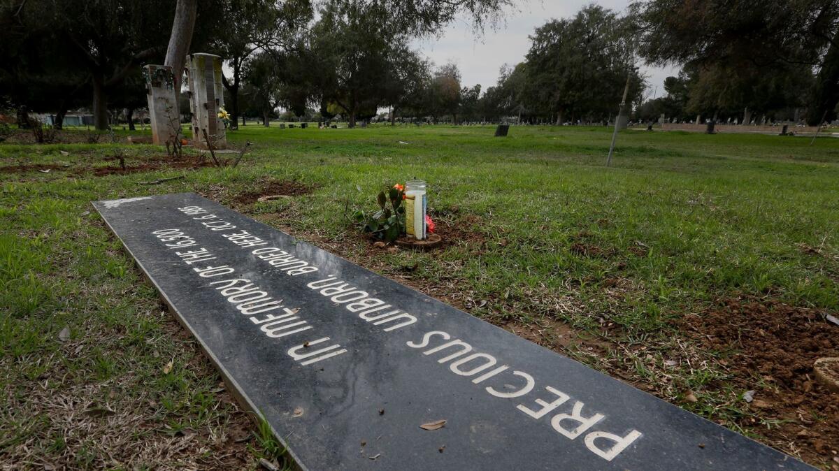 Two roses and a prayer candle adorn a grave for more than 16,500 aborted fetuses at the Odd Fellows Cemetery in East Los Angeles.