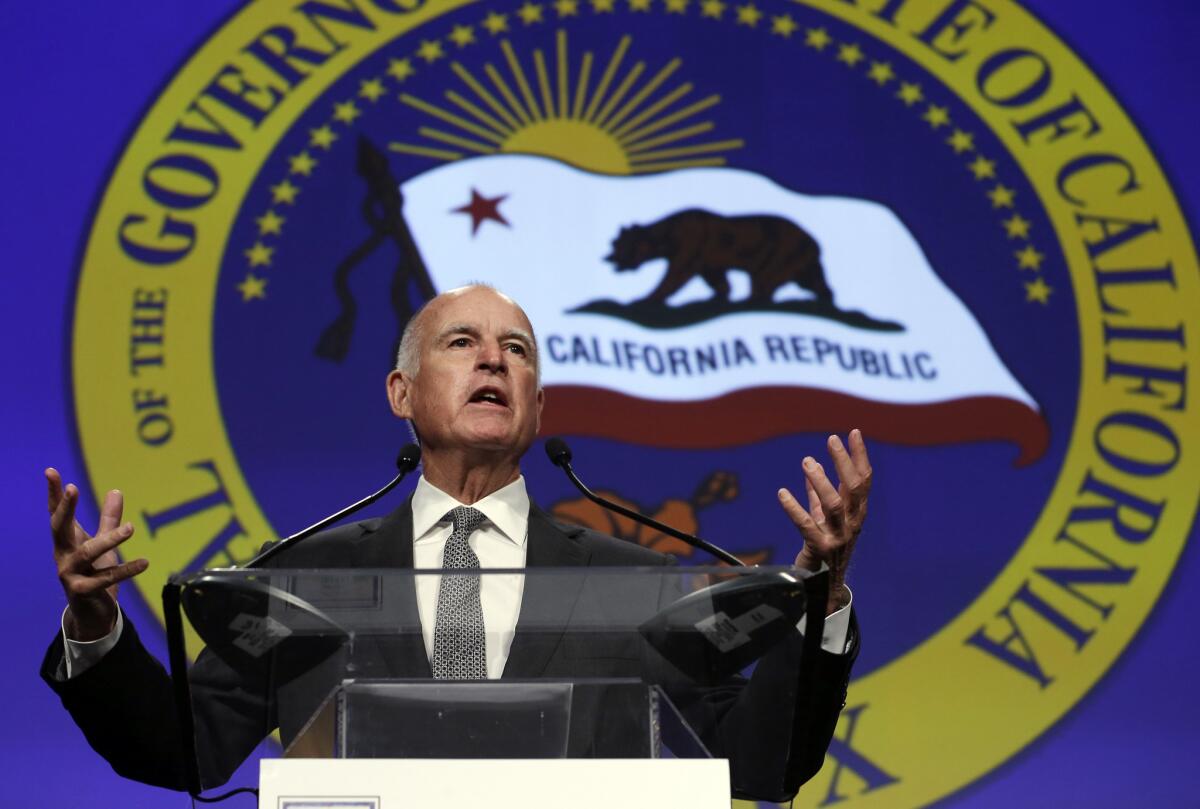 California Gov. Jerry Brown speaks at a gathering of political, business and community leaders at the annual California Chamber of Commerce Host Breakfast in Sacramento on May 28.