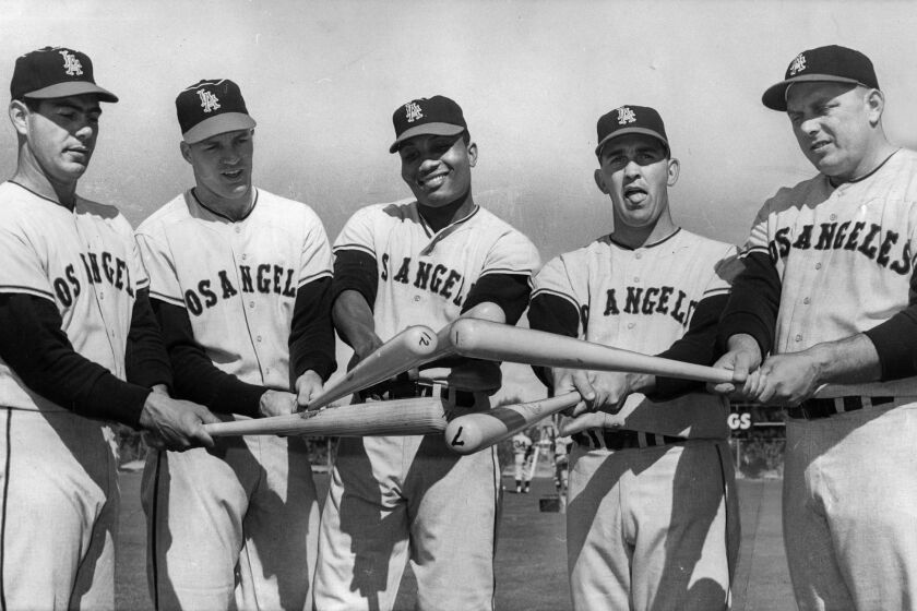 Feb. 1962: Los Angeles Angels sluggers at spring training at Palm Springs include from left outfielders Ken Hunt, Lee Thomas and Leon Wagner and catcher Earl Averill and first baseman Steve Bilko. This photo was published in the Feb. 23, 1962 Los Angeles Times.