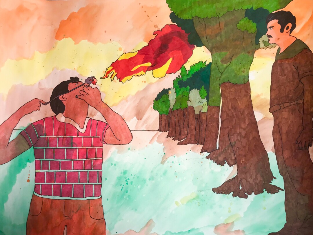 A bright watercolor shows a fire eater blowing a flame, as well as trees and a man who resembles a tree.