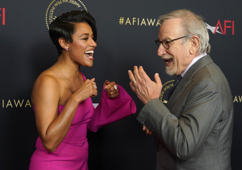 Ariana DeBose, left, and Steven Spielberg arrive at the AFI Awards Luncheon on Friday, March 11, 2022, at the Beverly Wilshire Hotel in Beverly Hills, Calif. (AP Photo/Chris Pizzello)