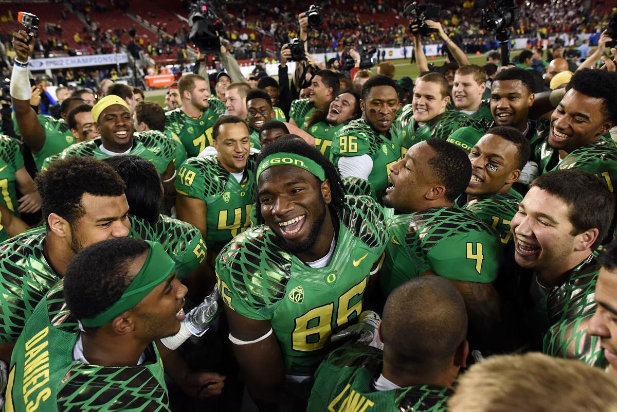 Oregon's Torrodney Prevot (86) celebrates after the Ducks' PAC-12 championship victory over the Arizona Wildcats at Levi's Stadium on Dec. 5.