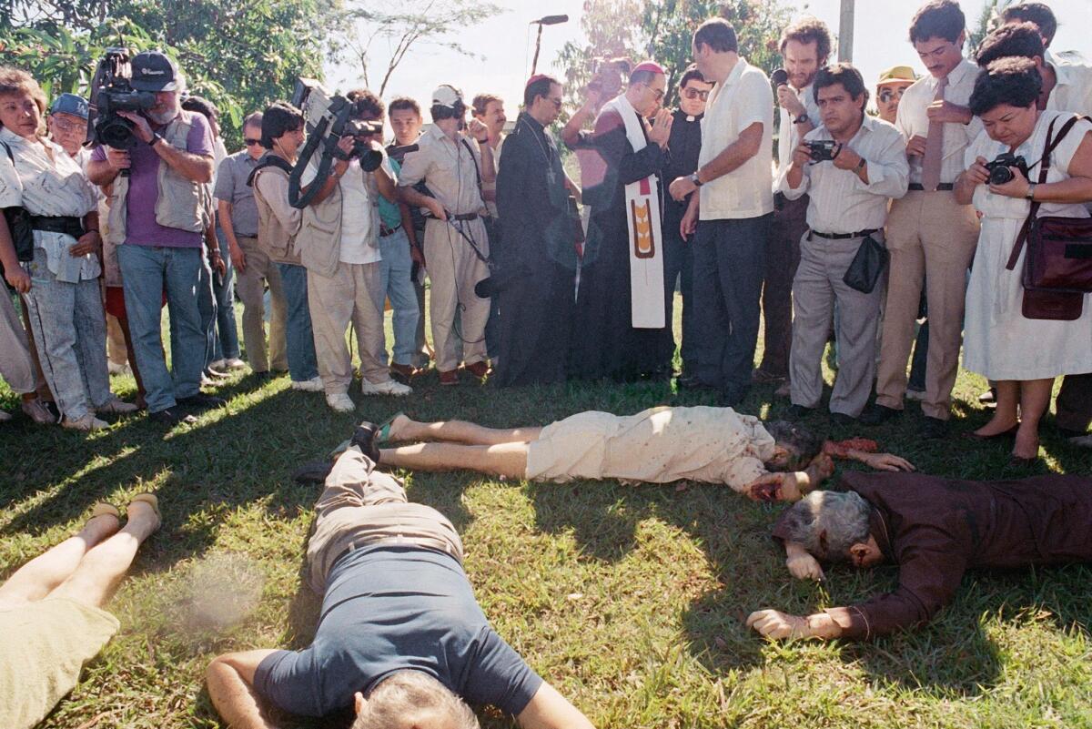 A photo from Nov. 16, 1989, shows the bodies of Jesuit priests slain in San Salvador. Six priests, a housekeeper and her daughter were killed by soldiers.