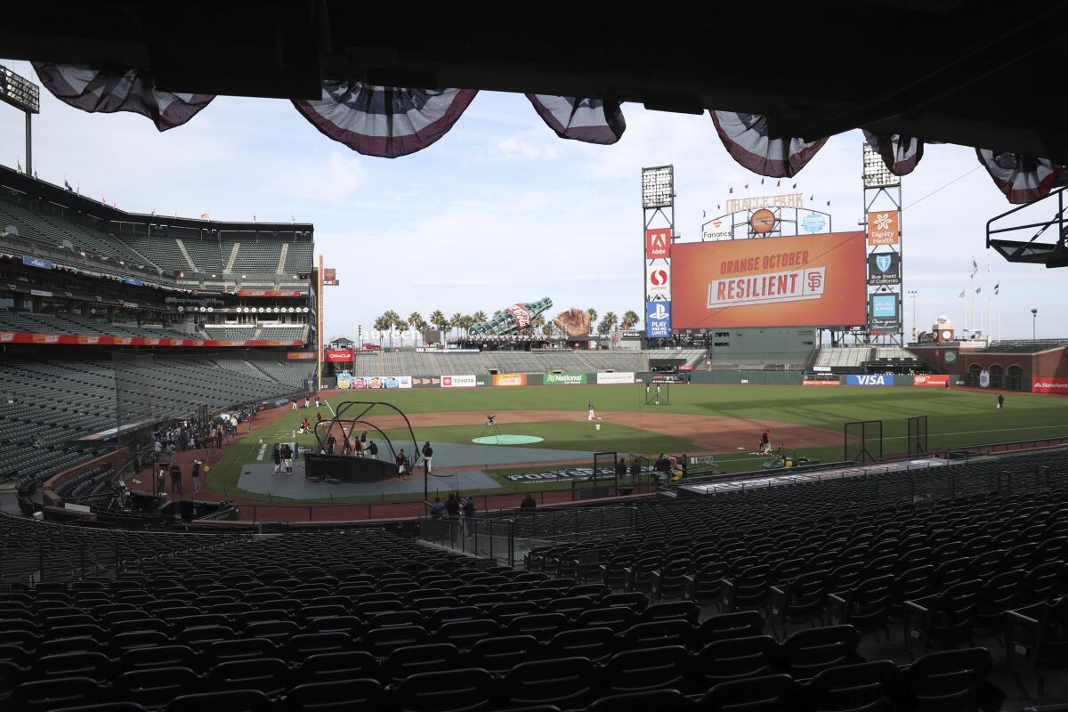 The San Francisco Giants work out at Oracle Park on Thursday.