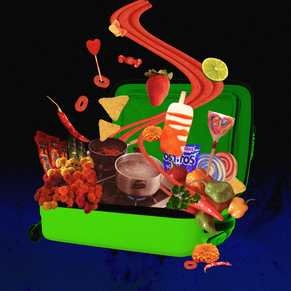 Illustration of an open green suitcase out of which spills an assortment of spicy snacks 