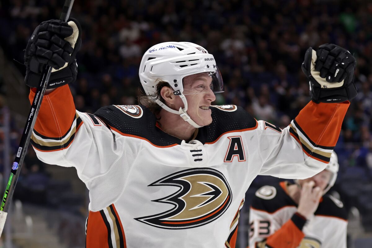 Ducks defenseman Josh Manson reacts after scoring a goal against the New York Islanders on March 13, 2022.
