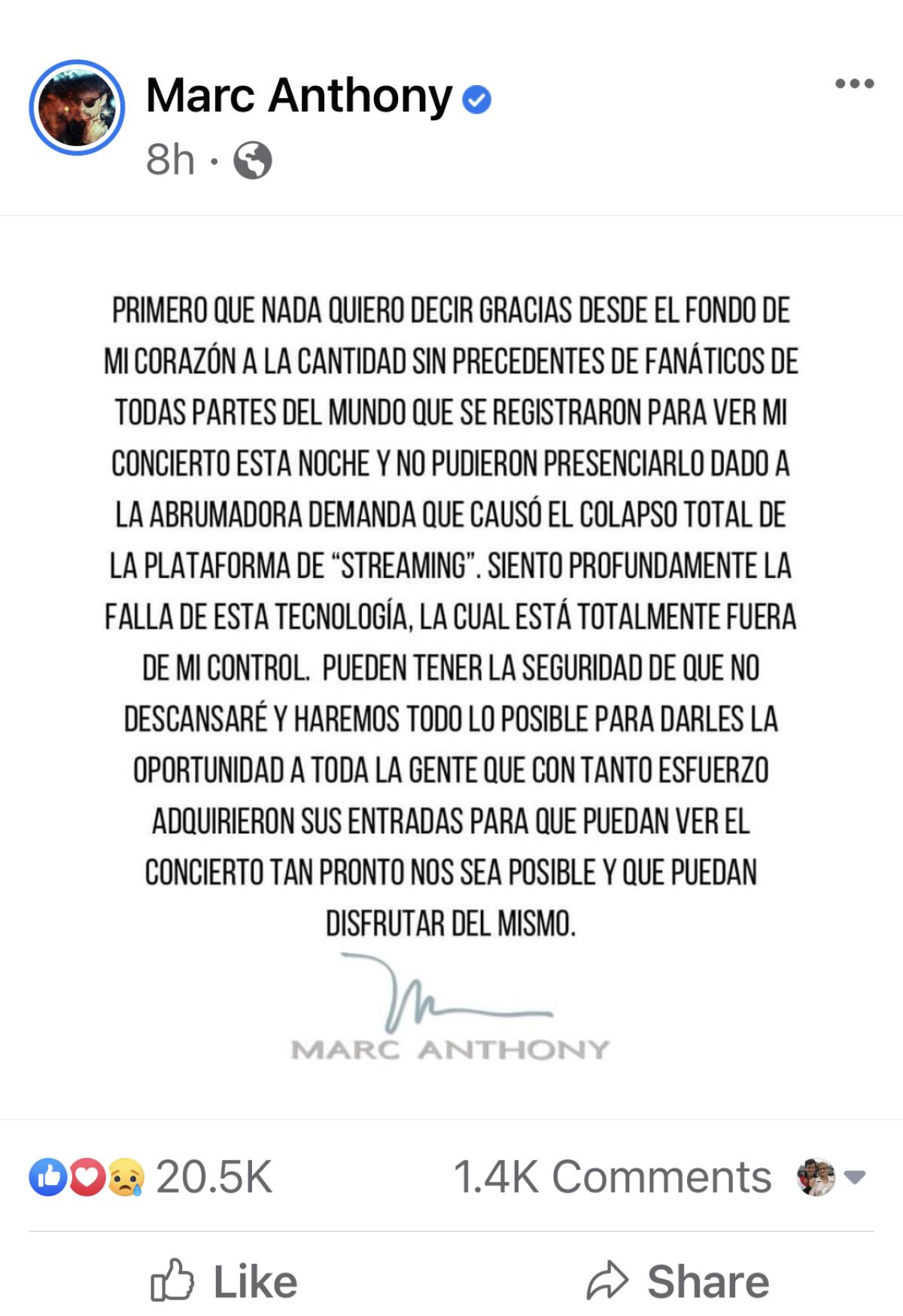 Marc Anthony publicó un mensaje a través de sus redes, pero antes había borrado uno.