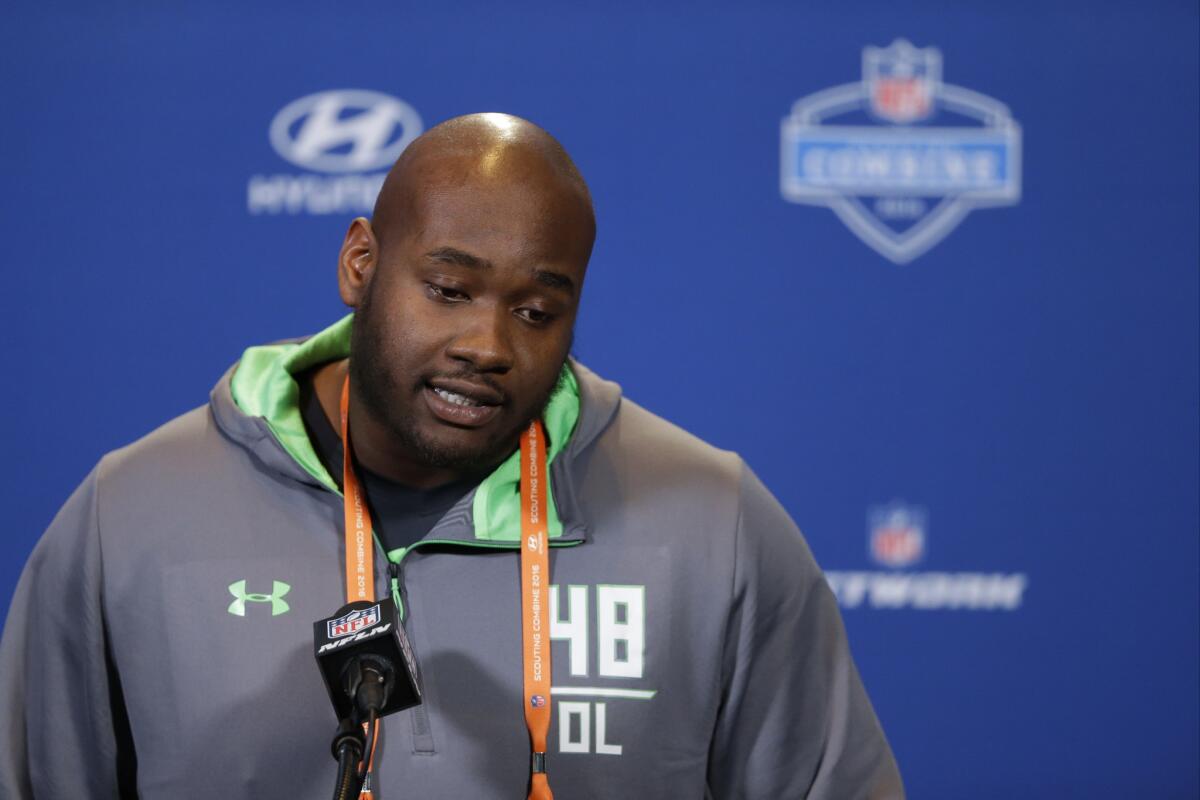 Mississippi offensive lineman Laremy Tunsil speaks at the NFL football scouting combine on Feb. 24.