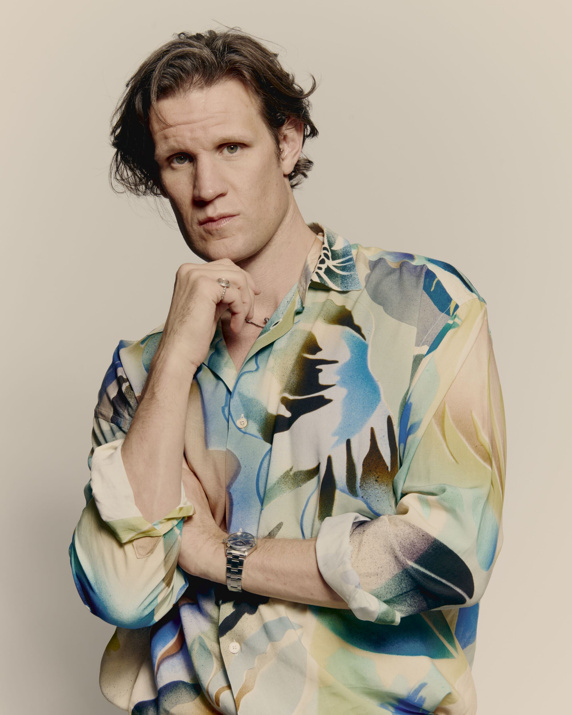 The actor Matt Smith in a colorful patterned shirt