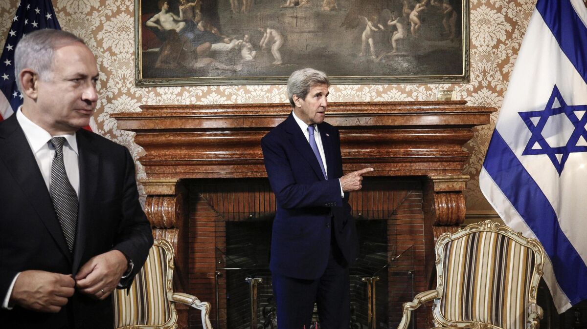 U.S. Secretary of State John Kerry with Israel Prime Minister Benjamin Netanyahu in Rome on June 27, 2016.