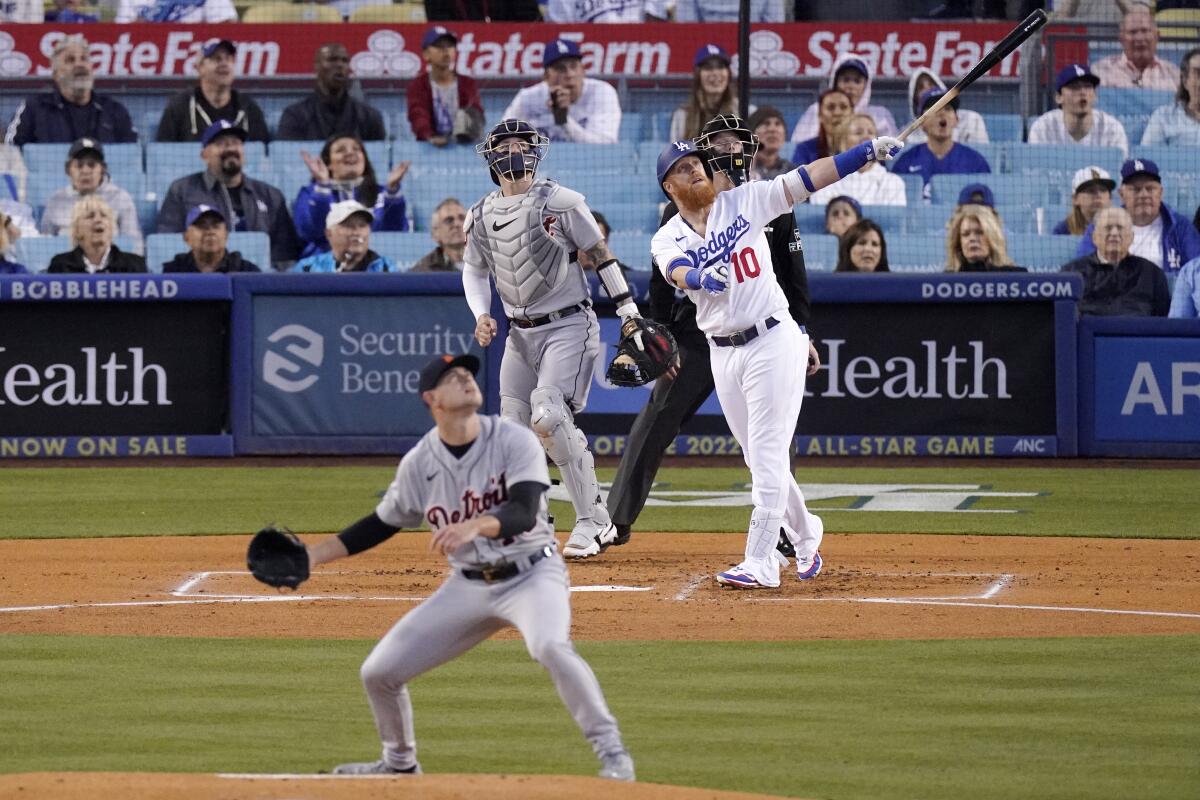 Dodgers infielder Justin Turner hit his first home run of the season in the first inning of a win over the Detroit Tigers.