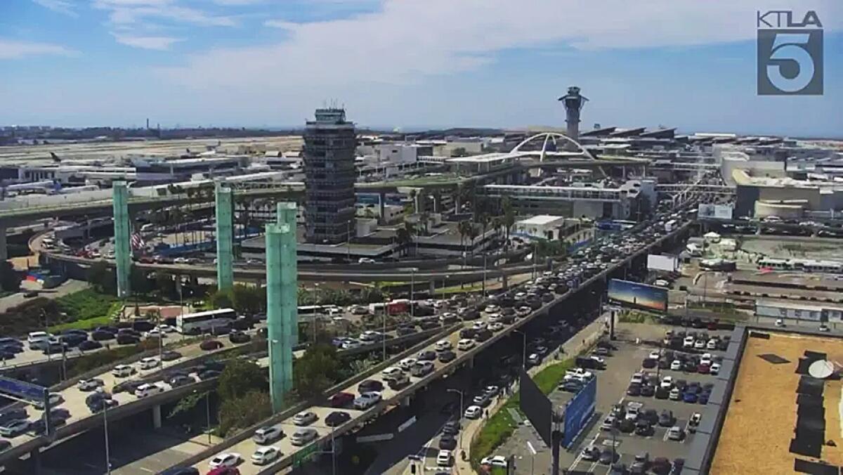 Aerial view of congested roads around Los Angeles International Airport 