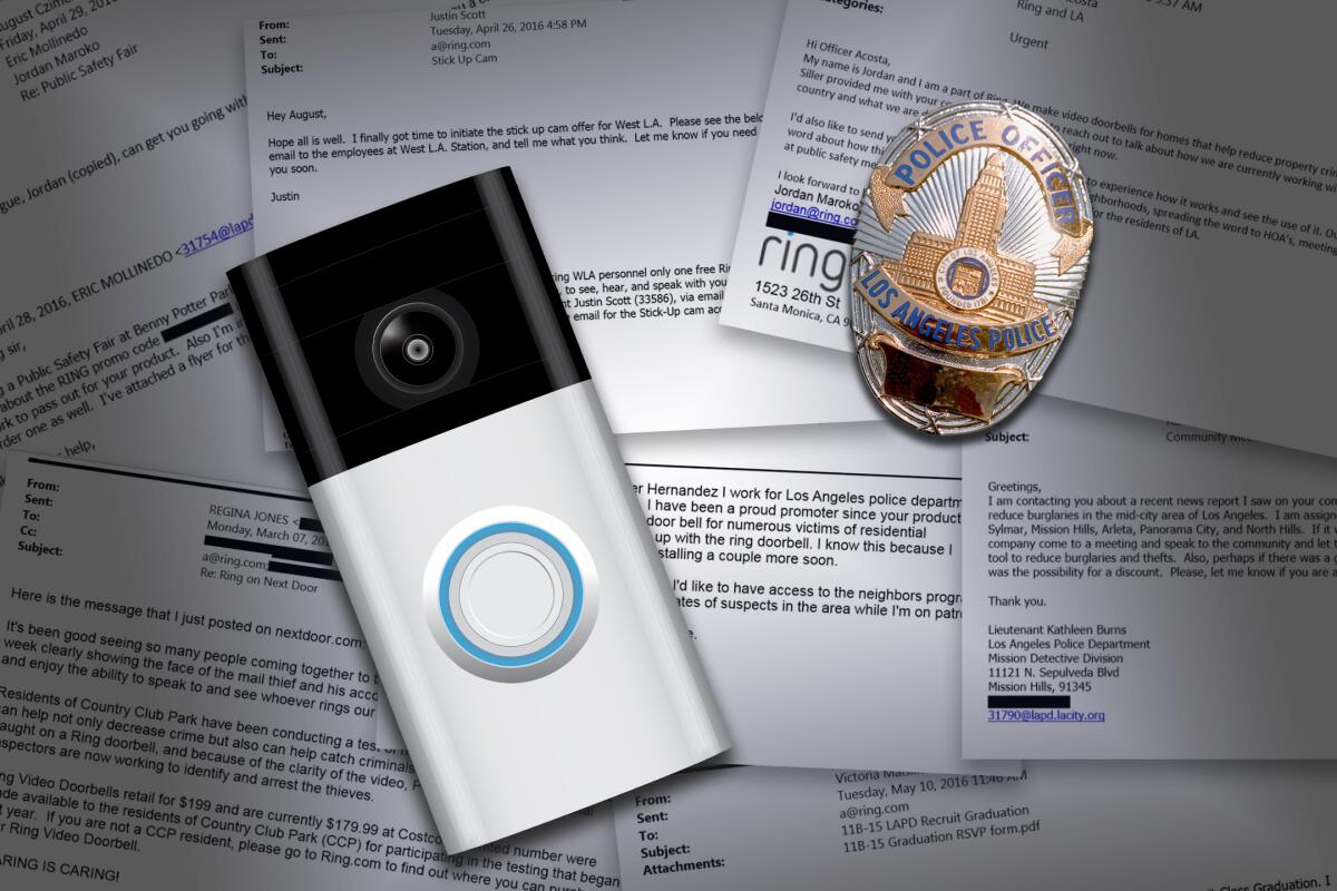 Photo illustration of a Ring doorbell camera and an LAPD badge on top of snippets of emails.