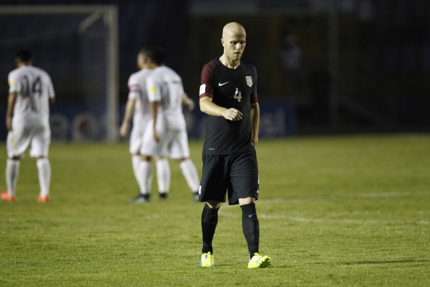 United States midfielder Michael Bradley leaves the field after losing 2-0 to Guatemala in a 2018 World Cup qualifying match.