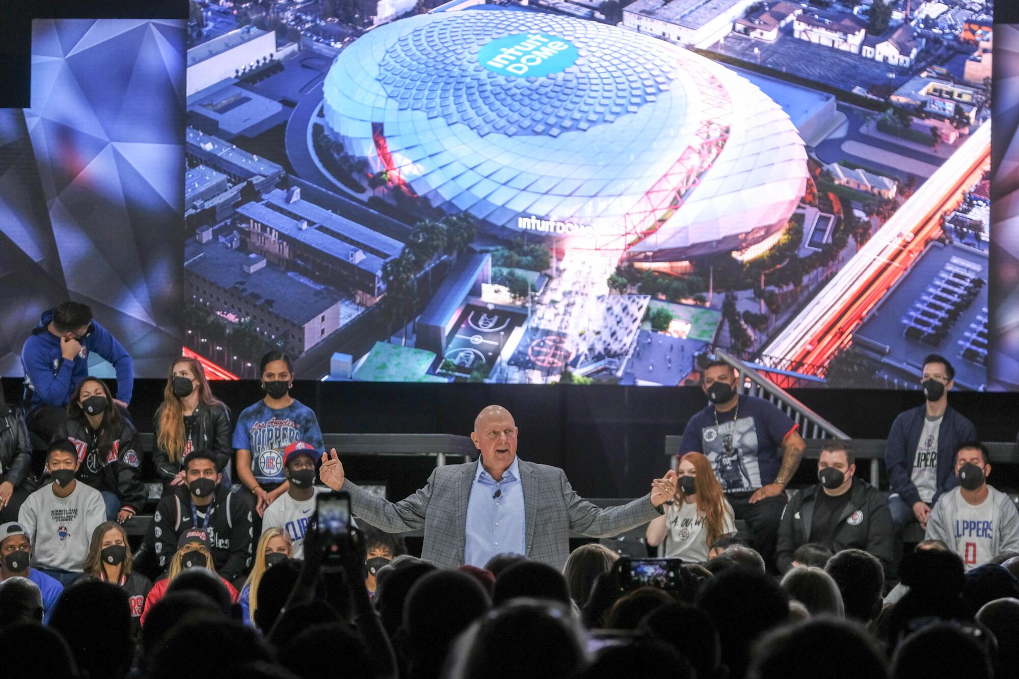 Steve Ballmer speaks during a groundbreaking ceremony for the Intuit Dome in Inglewood on Sept. 17, 2021.