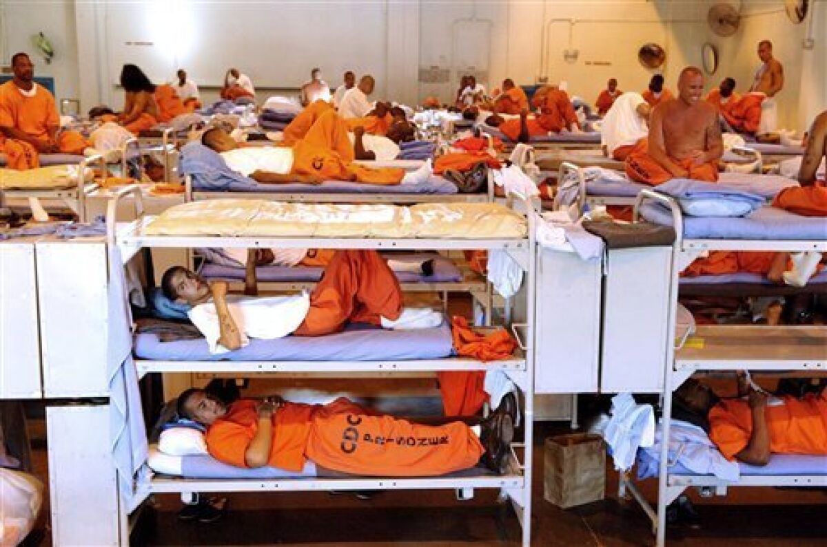 In this undated file photo released by the California Department of Corrections, inmates sit in crowded conditions at California State Prison, Los Angeles. Their budgets in crisis, governors, legislators and prison officials across the nation are making or considering policy changes that will likely remove tens of thousands of offenders from prisons and parole supervision. In California, faced with a projected $42 billion deficit and severe prison overcrowding, Gov. Arnold Schwarzenegger has proposed the early release of up to 15,000 non-violent offenders and a reduction of about 70,000 in the state's parole population. (AP Photo/California Department of Corrections)
