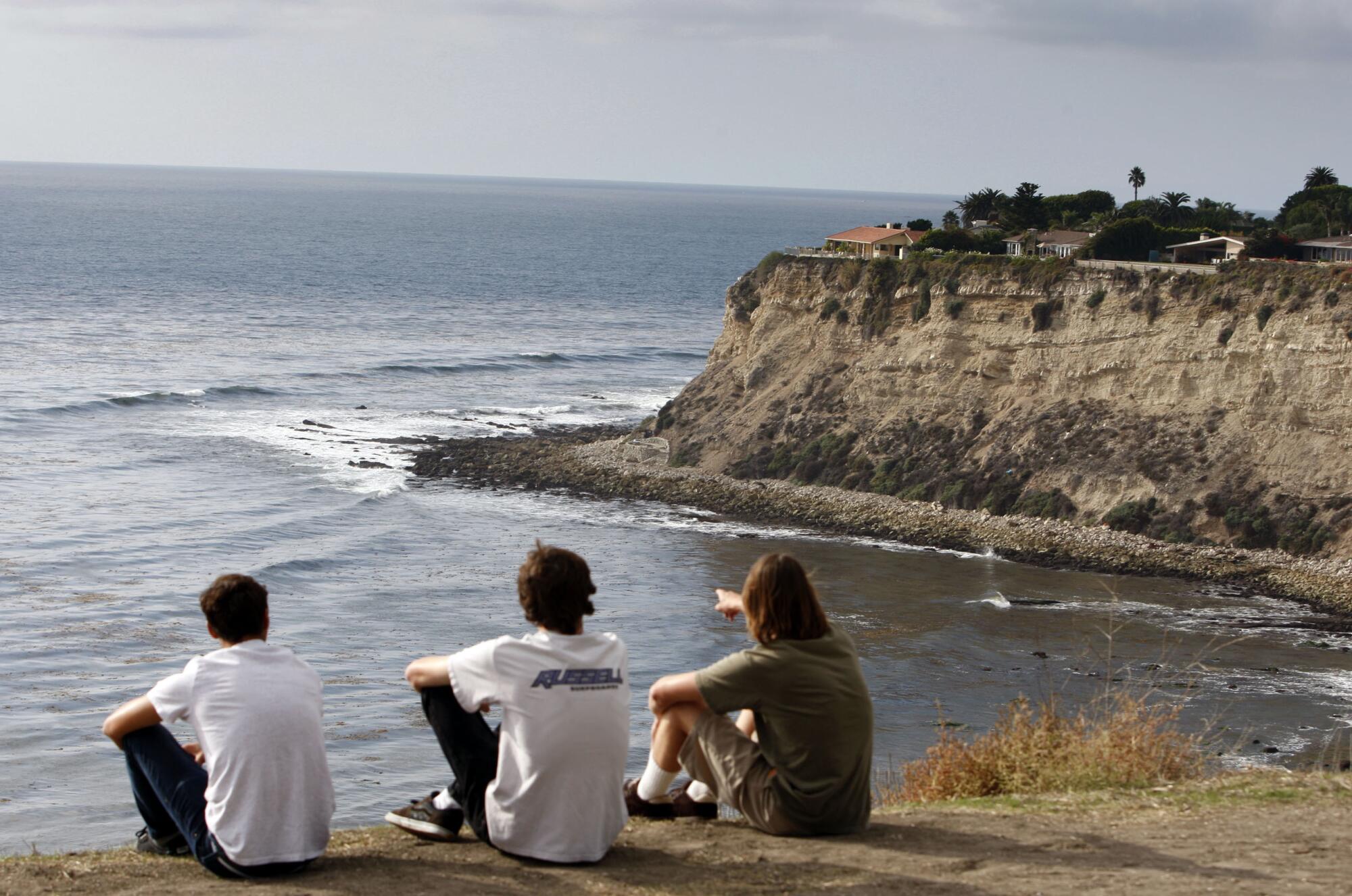 Three people sit on a cliff overlooking the ocean.