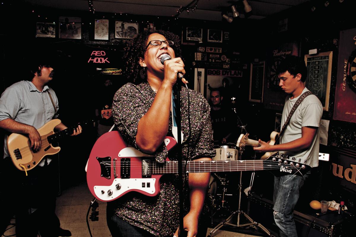 Alabama Shakes performing at Egan's Bar, Tuscaloosa, Ala. From left: Zac Cockrell, Brittany Howard, Steve Johnson on drums and Heath Fogg on July 10, 2010.