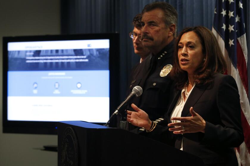 California Attorney General Kamala Harris, joined by UC Berkeley Public Policy professor Steven Raphael and LAPD Chief Charlie Beck, announced the launch of the Open Justice data system in Los Angeles on Sept. 2, 2015.