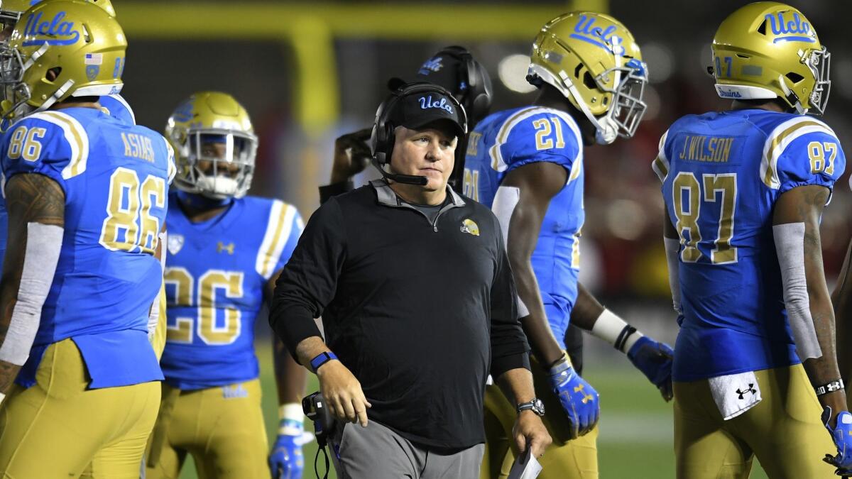 Chip Kelly coaches UCLA against Utah on Oct. 26, 2018, at the Rose Bowl.