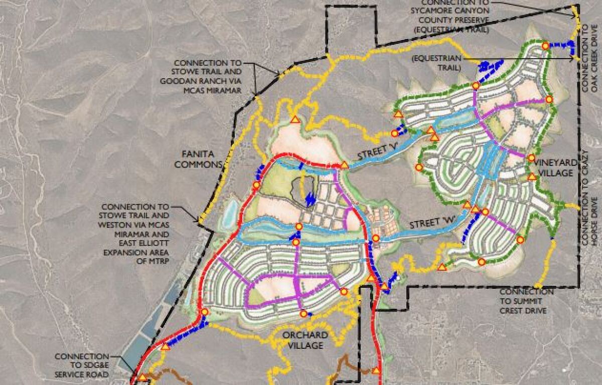A partial map of trail plans for the Fanita Ranch development, approved Thursday morning by the Santee City Council.