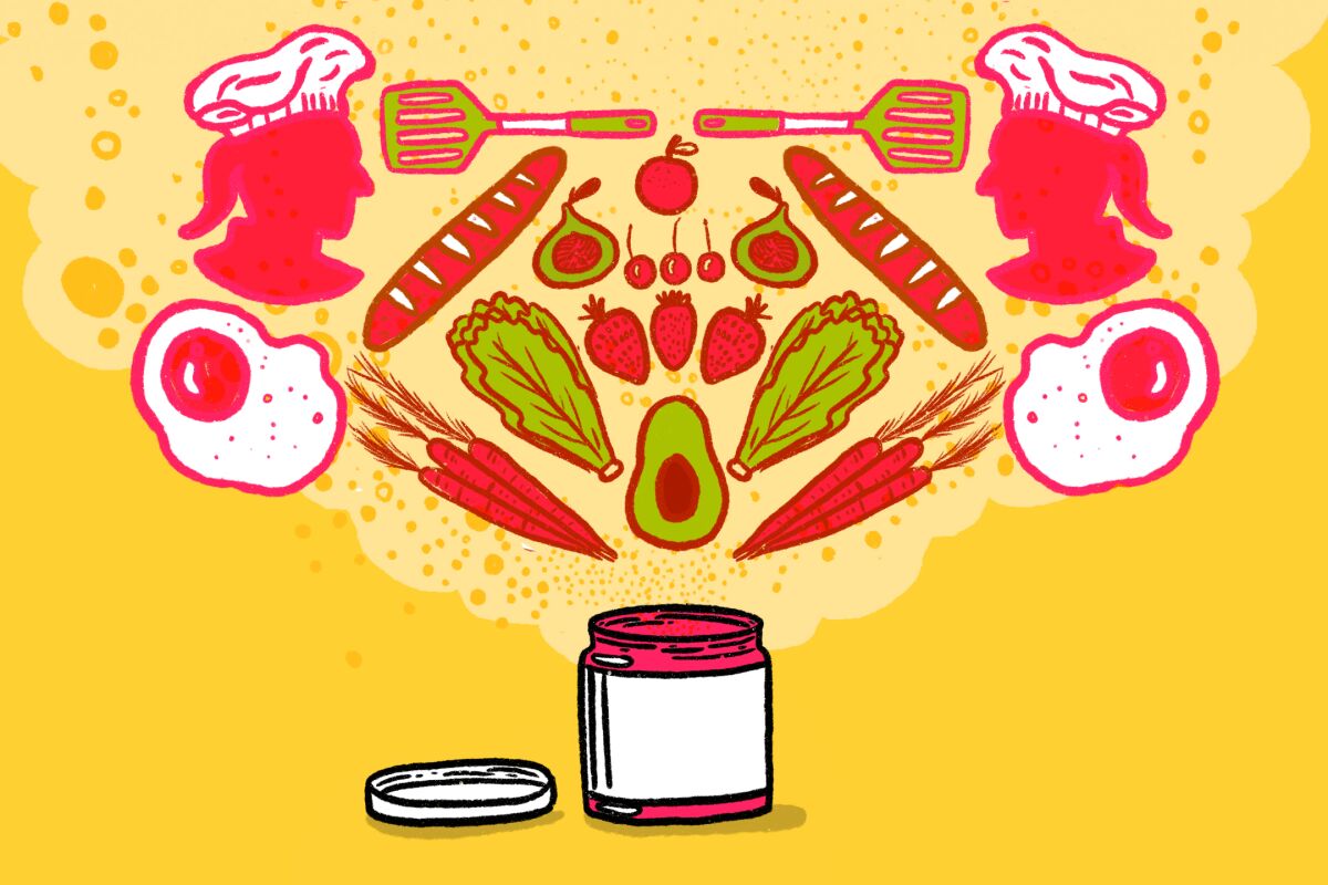 Illustrations of ingredients, cooking utensils, chefs and an open jar of jam