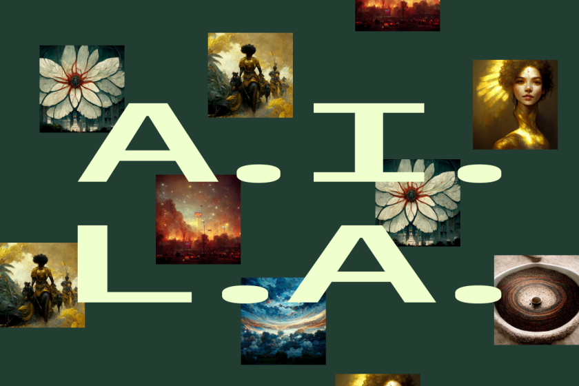 Text reading "A.I. L.A." with small psychedelic images of LA created by AI floating around it, on a green background