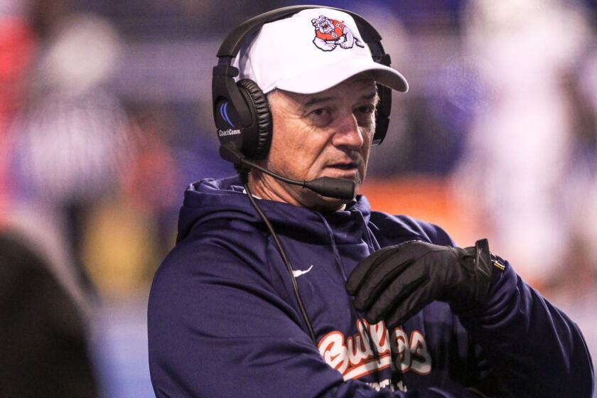 BOISE, ID - DECEMBER 2: Head Coach Jeff Tedford of the Fresno State Bulldogs on the sidelines during second half action in the Mountain West Championship against the Boise State Broncos on December 2, 2017 at Albertsons Stadium in Boise, Idaho. Boise State won the game 17-14. (Photo by Loren Orr/Getty Images) ** OUTS - ELSENT, FPG, CM - OUTS * NM, PH, VA if sourced by CT, LA or MoD **
