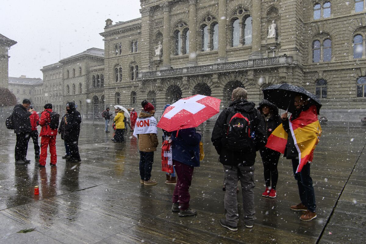 People gather to protest in a city square while snow falls