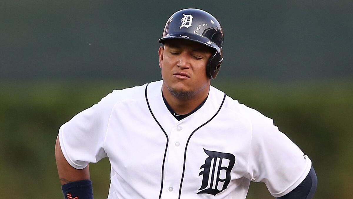 Detroit Tigers first baseman Miguel Cabrera reacts after suffering a strained left calf during the fourth inning of Friday's win over the Toronto Blue Jays.
