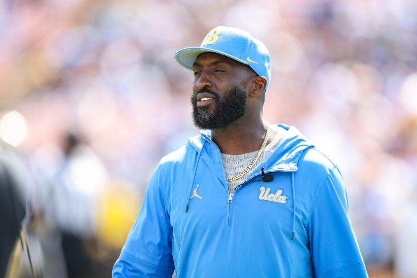 Pasadena, CA - April 27: Head coach DeShaun Foster of the UCLA Bruins looks on during the UCLA football spring showcase at the Rose Bowl Stadium on Saturday, April 27, 2024 in Pasadena, CA.(Meg Oliphant / For the Times)