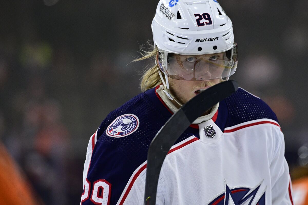 FILE - Columbus Blue Jackets' Patrik Laine plays during an NHL hockey game against the Philadelphia Flyers, Tuesday, April 5, 2022, in Philadelphia. The Blue Jackets signed winger Patrik Laine to a $34.8 million, four-year contract Friday, July 22, 2022. (AP Photo/Derik Hamilton, File)