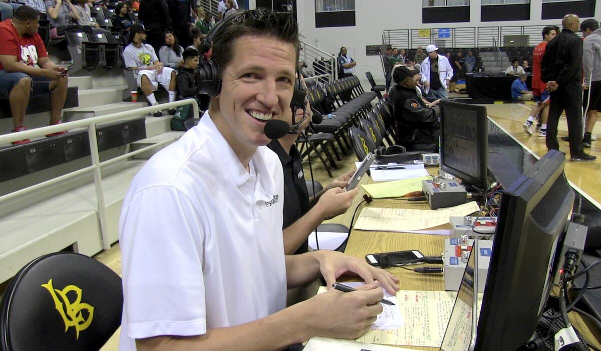 Casey Jacobsen prepares to broadcast a Southern California Regional playoff game Saturday night.