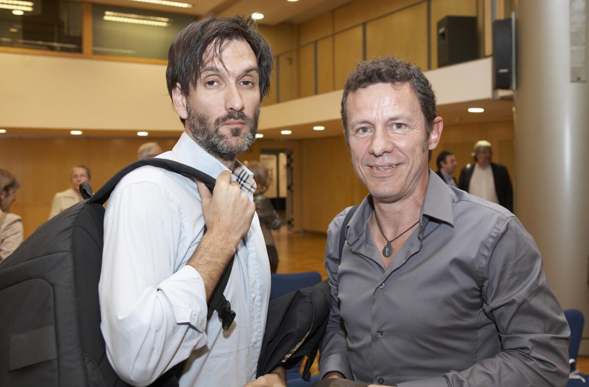 Spanish journalists Ricardo Garcia Vilanova, left, and Javier Espinosa, at a ceremony for the Miguel Gil Journalism Awards in Barcelona, Spain, were held captive for six months in Syria.
